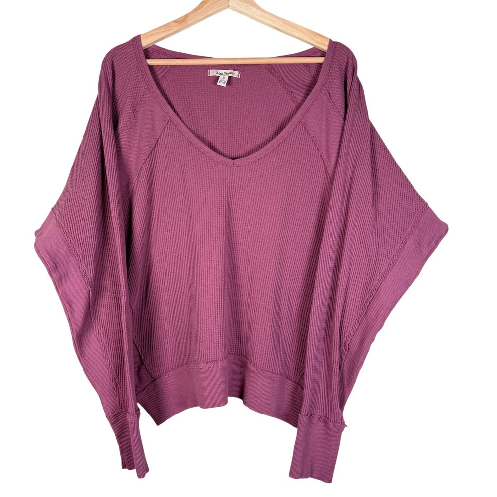Free People Santa Clara Oversized Waffle Knit V Neck Long Sleeve Top Purple Sz M
